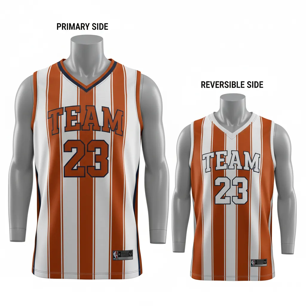 Custom Basketball V Neck Reversible Jersey - White, Burnt, Orange... - Vneck Vertical Stripes - Front View - Kinexa Sportswear
