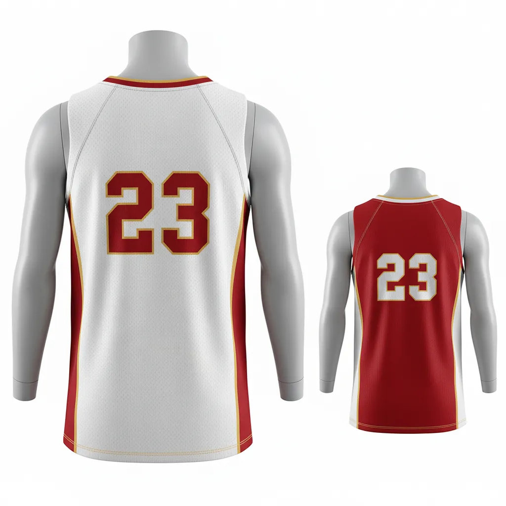 Custom Basketball V Neck Reversible Jersey - White, Red, Gold - Vneck Cardinal Side Panel Block - Back View - Kinexa Sportswear