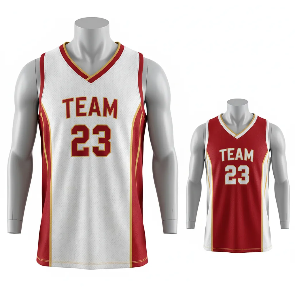 Custom Basketball V Neck Reversible Jersey - White, Red, Gold - Vneck Cardinal Side Panel Block - Front View - Kinexa Sportswear