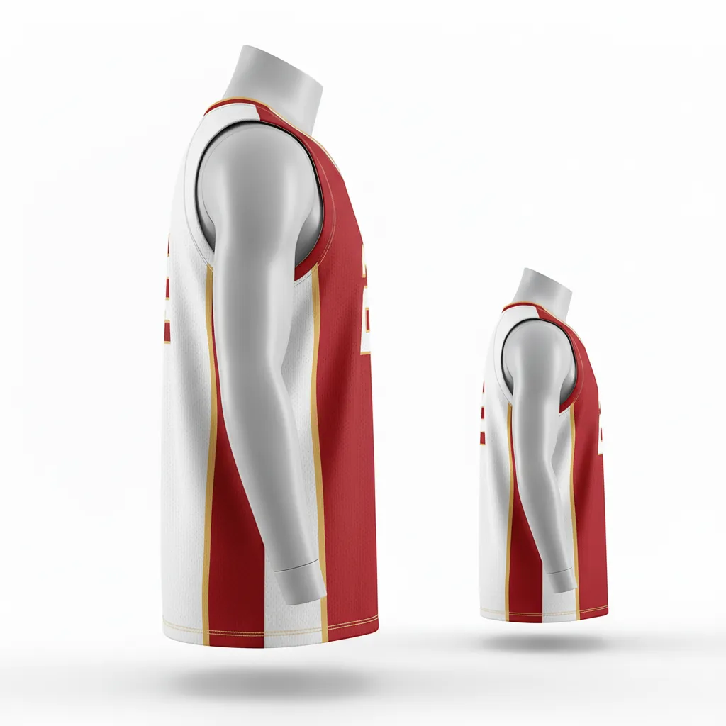 Custom Basketball V Neck Reversible Jersey - White, Red, Gold - Vneck Cardinal Side Panel Block - Side View - Kinexa Sportswear
