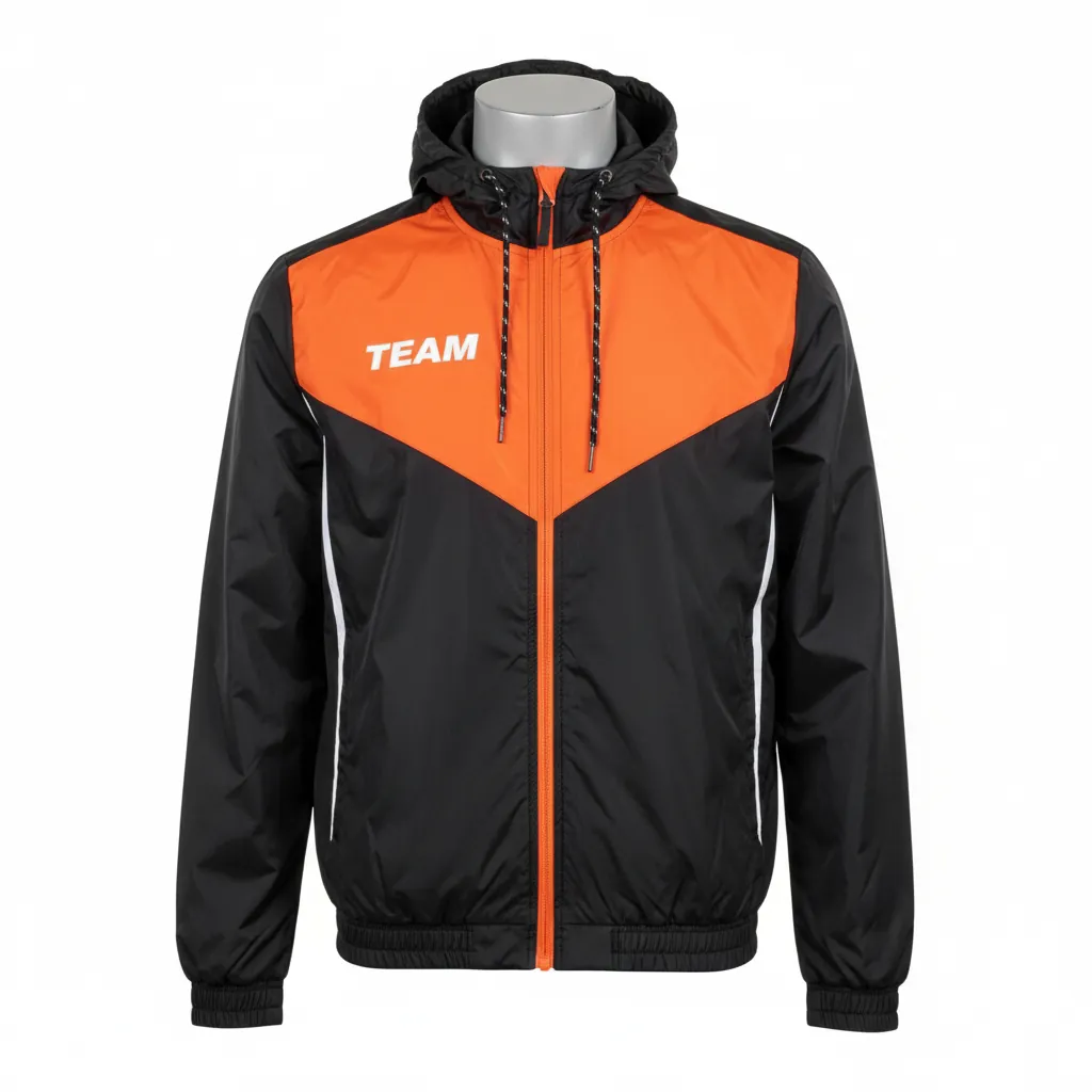 Custom Basketball Windbreaker Jacket - Black, Orange, White - Angular - Front View - Kinexa Sportswear