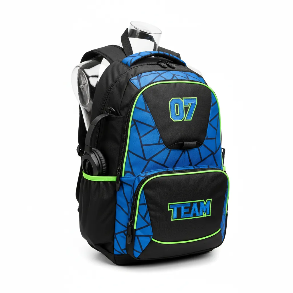 Custom Esports Backpack - Blue, Green - Gaming All Blacks Electric Neon - Front View - Kinexa Sportswear