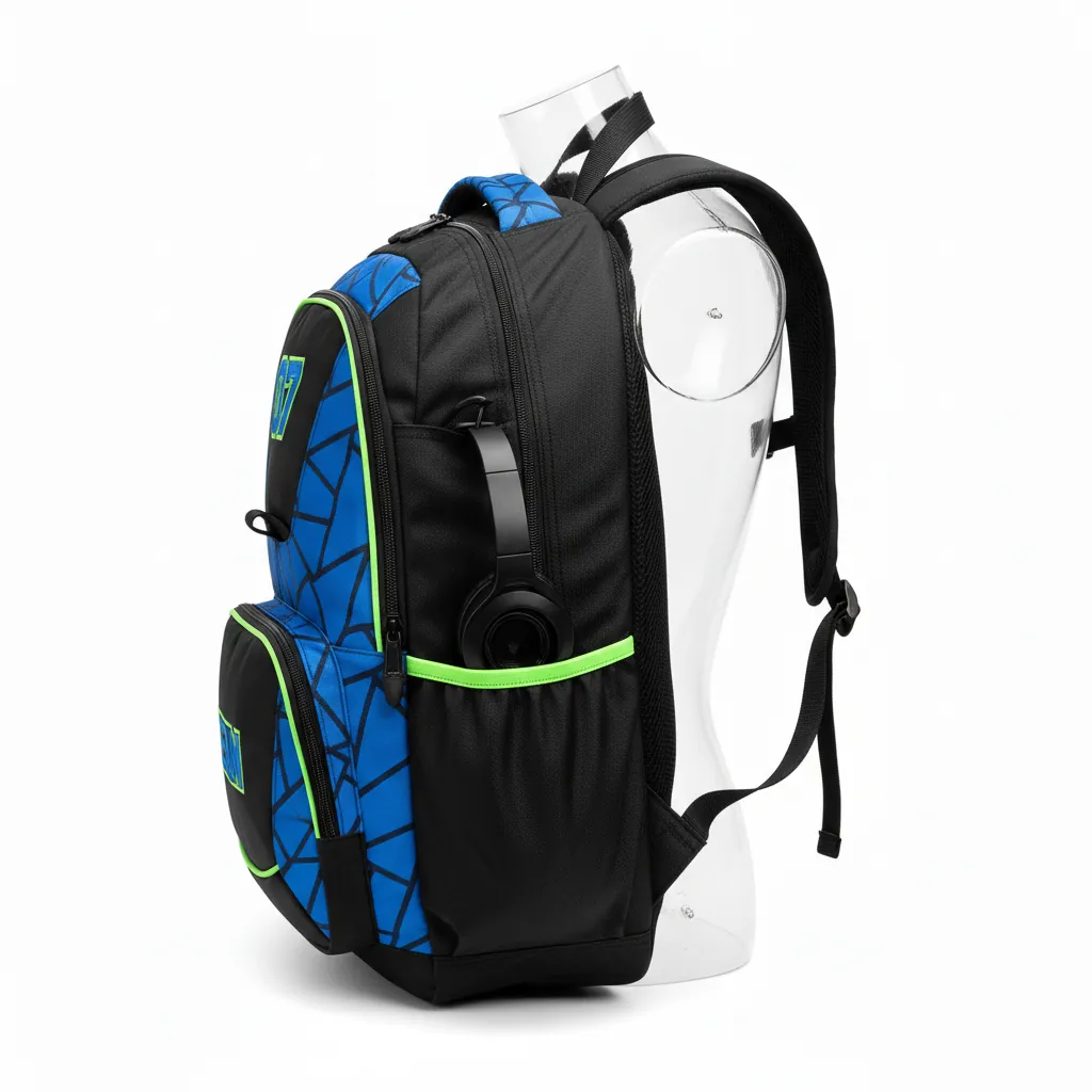 Custom Esports Backpack - Blue, Green - Gaming All Blacks Electric Neon - Side View - Kinexa Sportswear