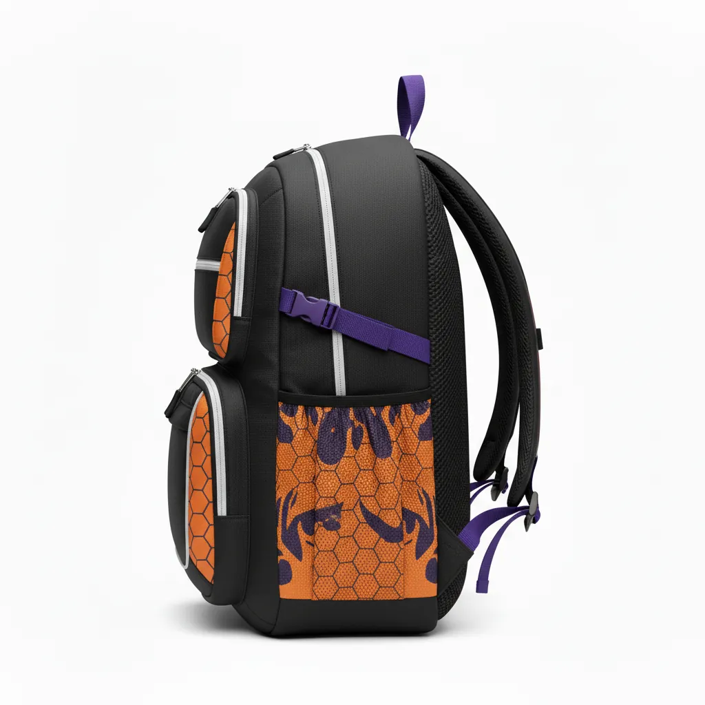 Custom Esports Backpack - Orange, Silver - Gaming All Blacks Flame - Side View - Kinexa Sportswear
