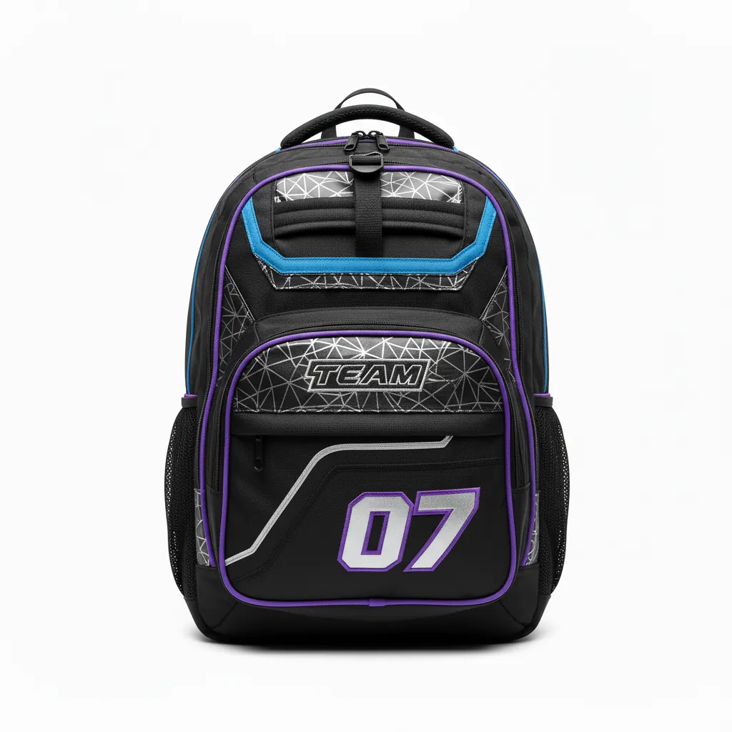 Custom Esports Backpack - Silver, Purple - Gaming All Blacks Cyber - Front View - Kinexa Sportswear