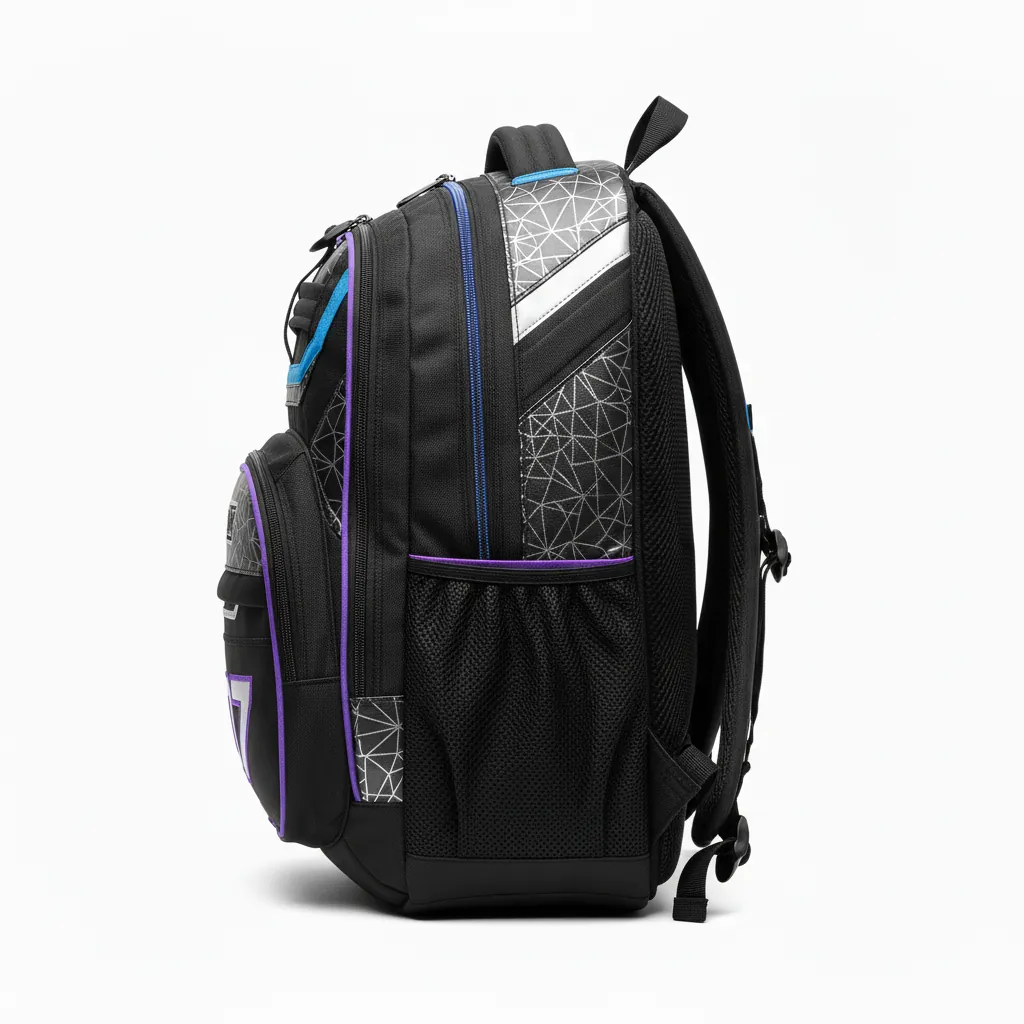 Custom Esports Backpack - Silver, Purple - Gaming All Blacks Cyber - Side View - Kinexa Sportswear