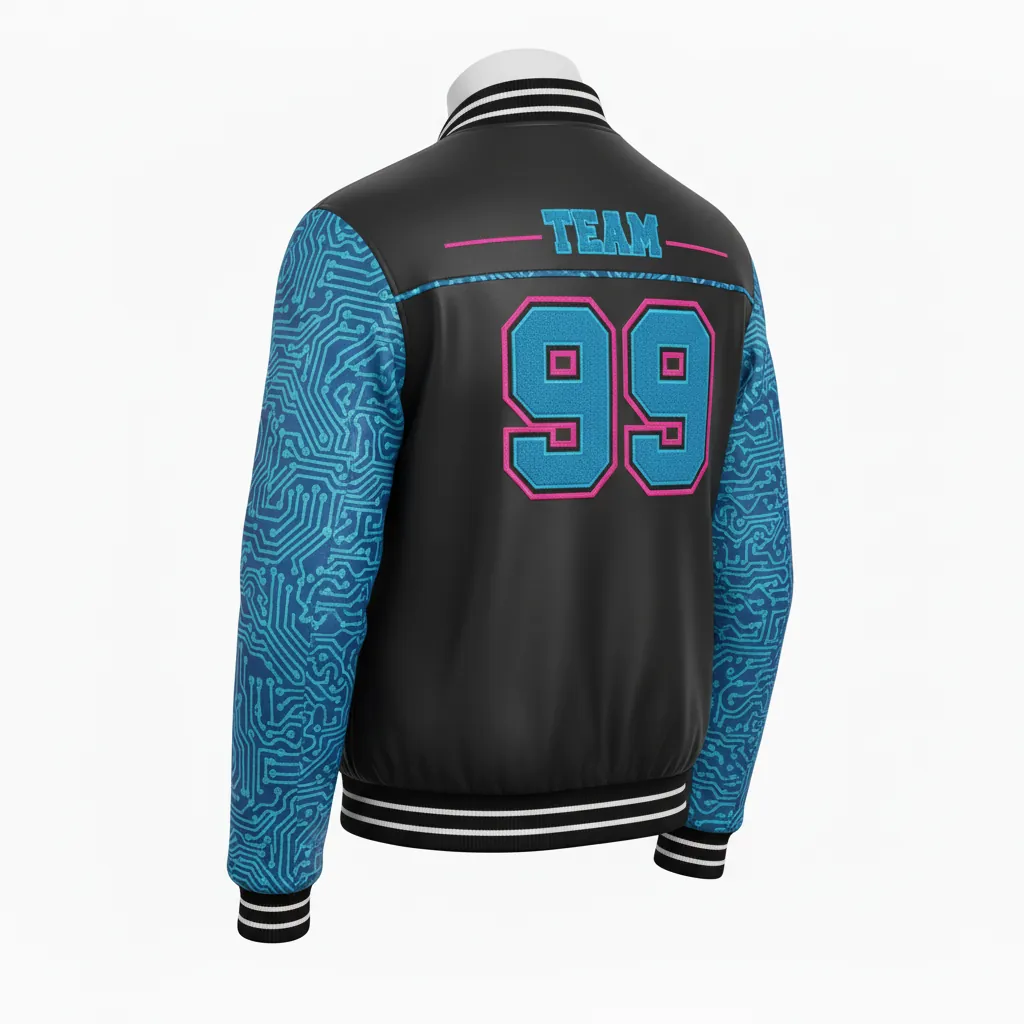 Custom Esports Bomber Jacket - Blue, Pink - All Blacks Electric Hot - Back View - Kinexa Sportswear