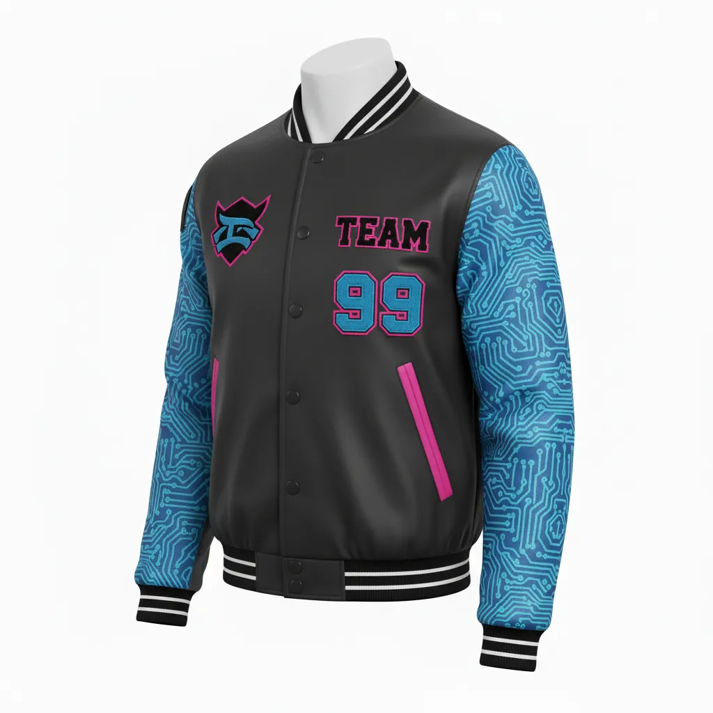 Custom Esports Bomber Jacket - Blue, Pink - All Blacks Electric Hot - Front View - Kinexa Sportswear