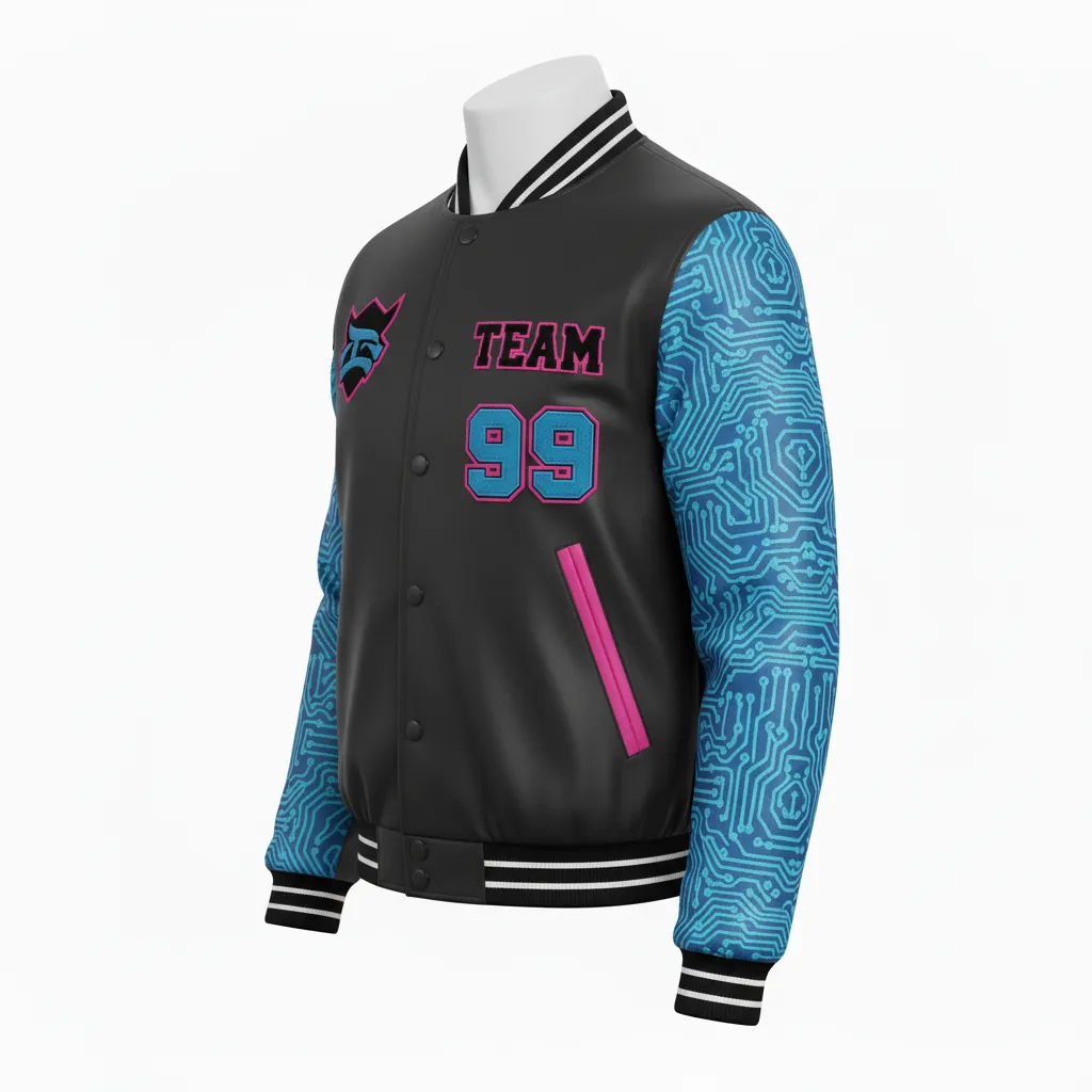 Custom Esports Bomber Jacket - Blue, Pink - All Blacks Electric Hot - Side View - Kinexa Sportswear