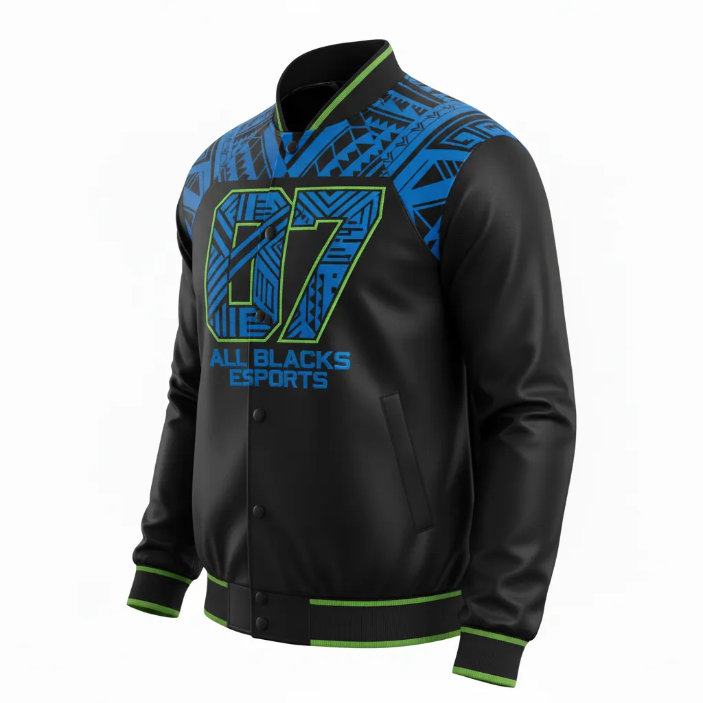 Custom Esports Bomber Jacket - Blue, Green - All Blacks Electric Neon - Back View - Kinexa Sportswear