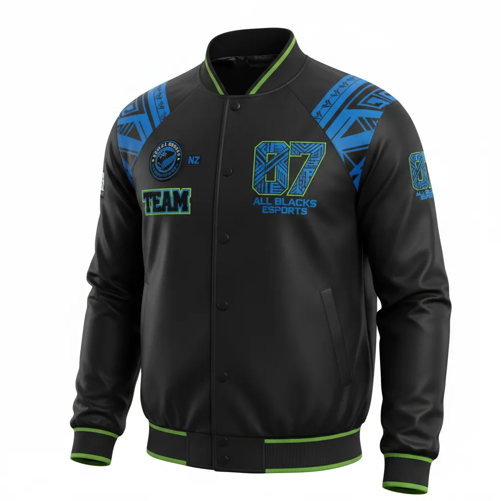 Custom Esports Bomber Jacket - Blue, Green - All Blacks Electric Neon - Front View - Kinexa Sportswear