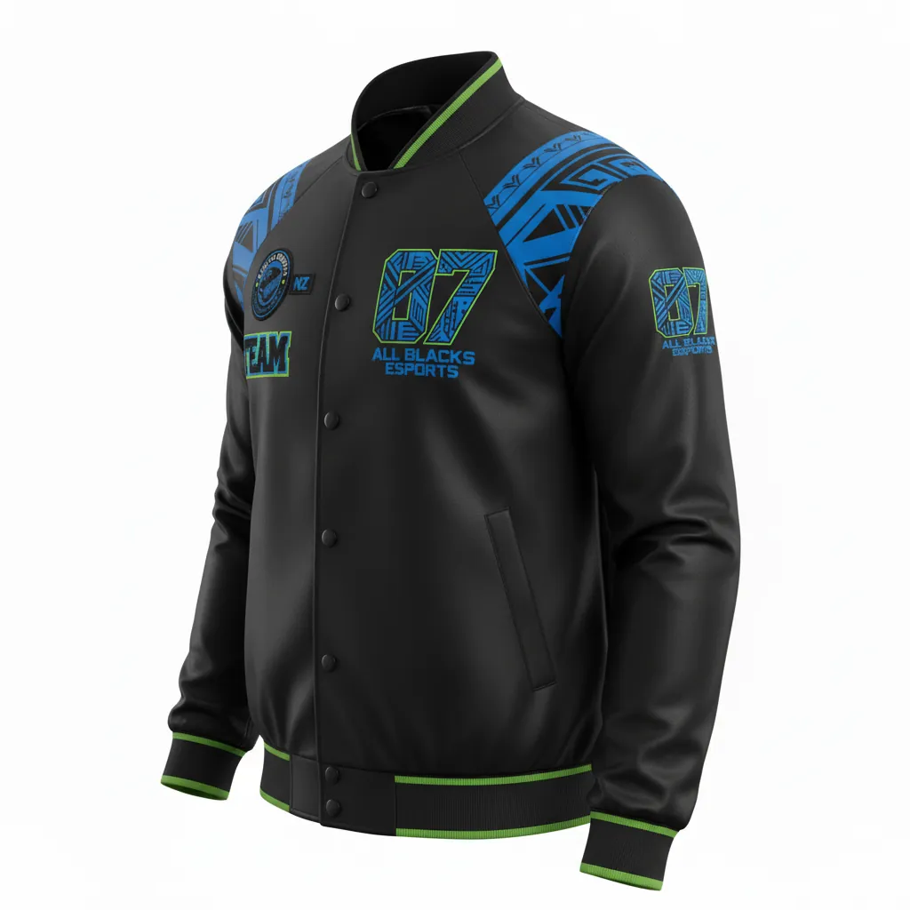 Custom Esports Bomber Jacket - Blue, Green - All Blacks Electric Neon - Side View - Kinexa Sportswear