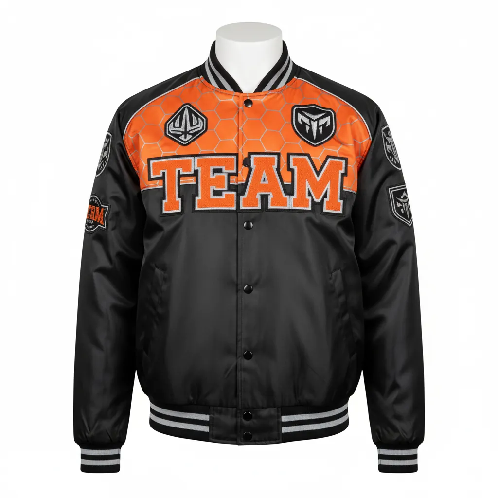 Custom Esports Bomber Jacket - Orange, Silver - All Blacks Flame - Front View - Kinexa Sportswear