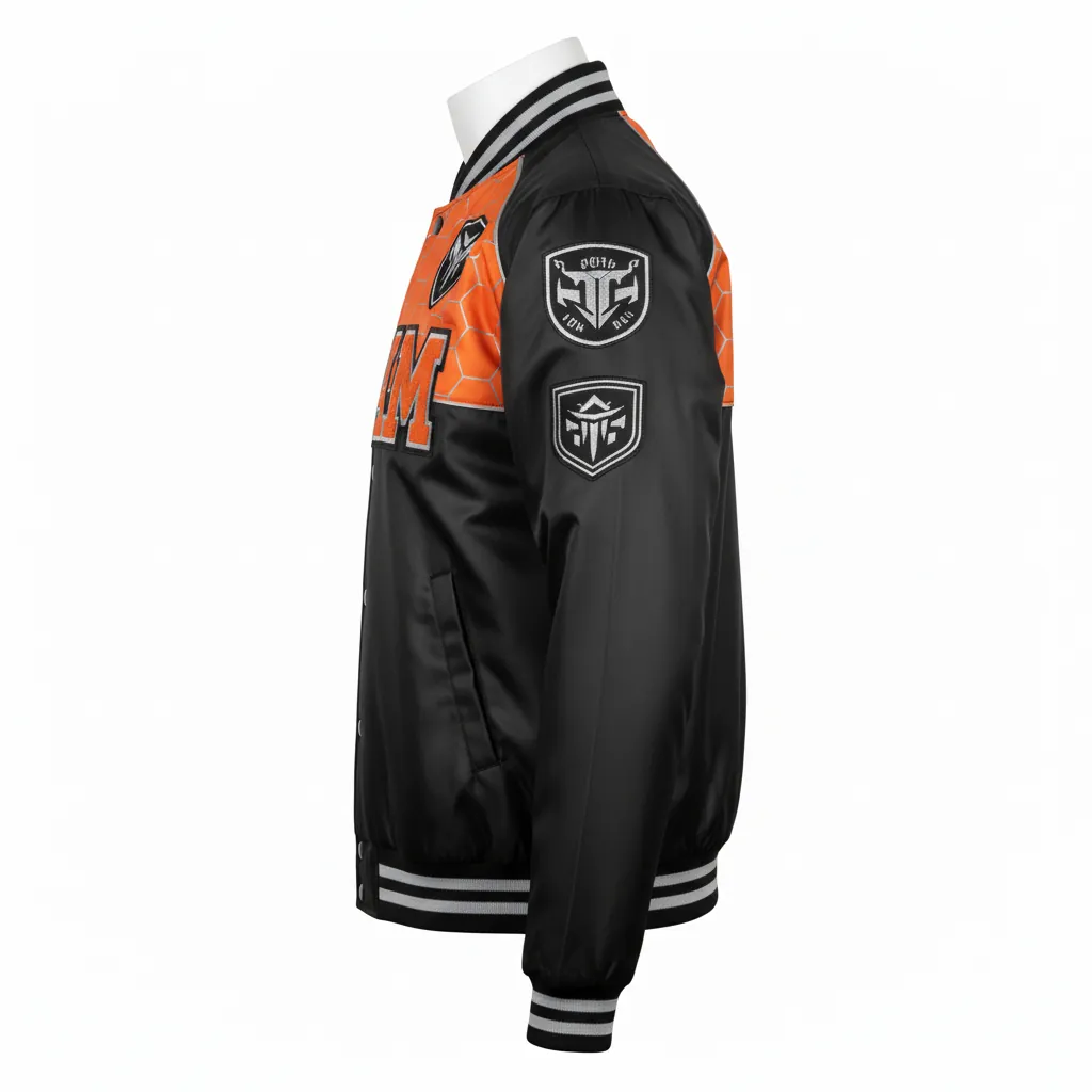 Custom Esports Bomber Jacket - Orange, Silver - All Blacks Flame - Side View - Kinexa Sportswear