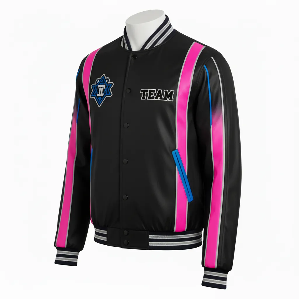 Custom Esports Bomber Jacket - Pink, Blue - All Blacks Hot Electric - Front View - Kinexa Sportswear