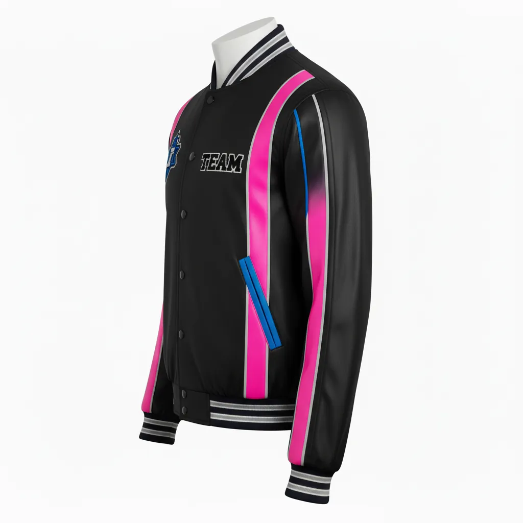 Custom Esports Bomber Jacket - Pink, Blue - All Blacks Hot Electric - Side View - Kinexa Sportswear
