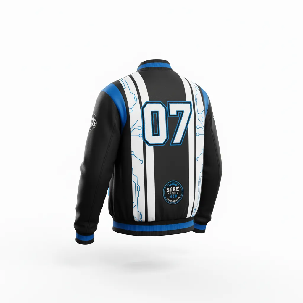 Custom Esports Bomber Jacket - White, Blue - All Blacks Electric - Back View - Kinexa Sportswear