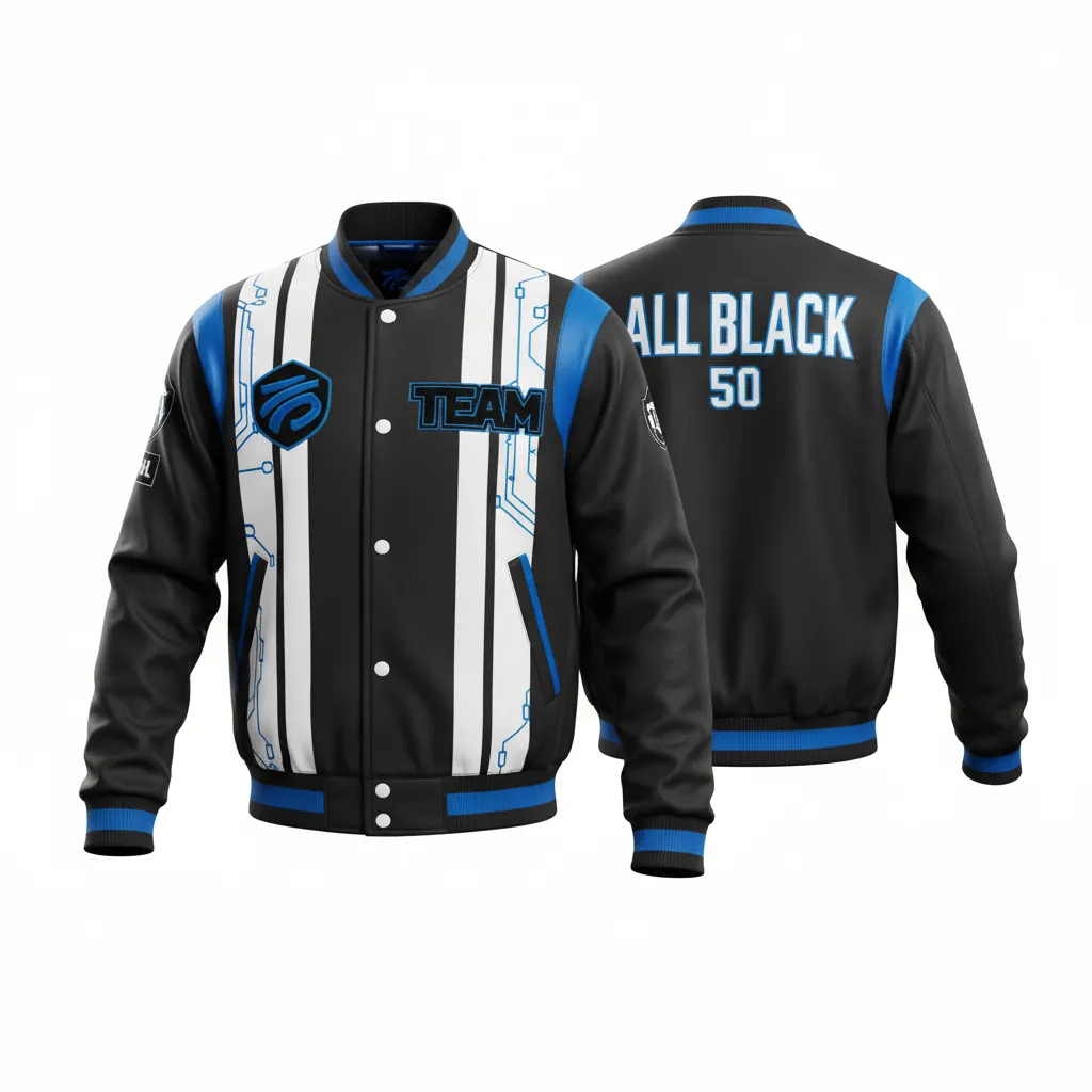 Custom Esports Bomber Jacket - White, Blue - All Blacks Electric - Front View - Kinexa Sportswear