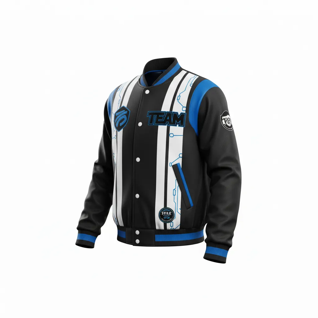 Custom Esports Bomber Jacket - White, Blue - All Blacks Electric - Side View - Kinexa Sportswear