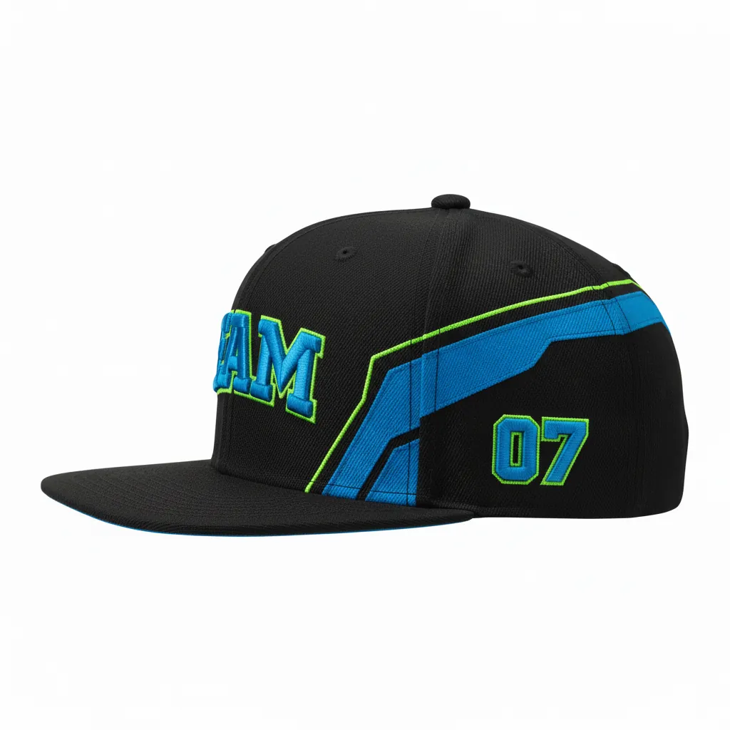 Custom Esports Cap - Blue, Green - All Blacks Electric Neon - Side View - Kinexa Sportswear