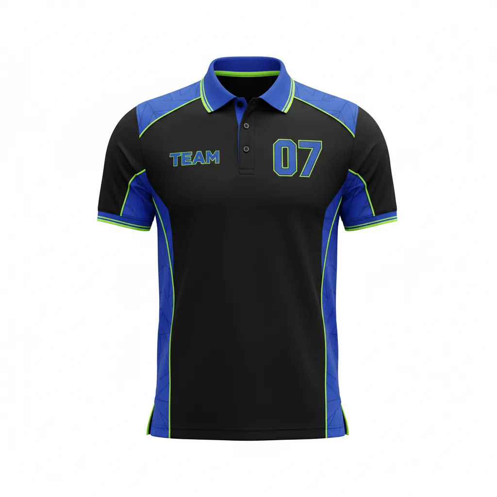 Custom Esports Esports Polo Shirt - Blue, Green - All Blacks Electric Neon - Front View - Kinexa Sportswear