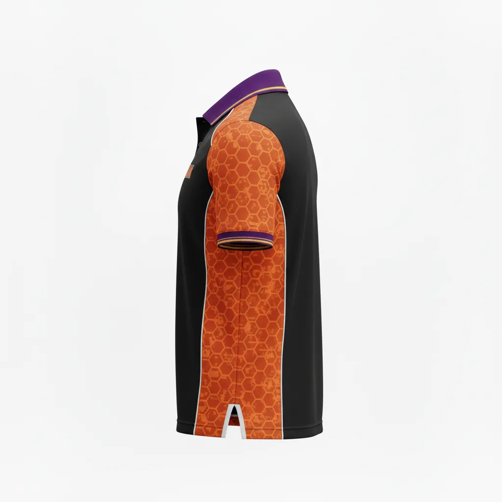 Custom Esports Esports Polo Shirt - Orange, Silver - All Blacks Flame - Side View - Kinexa Sportswear