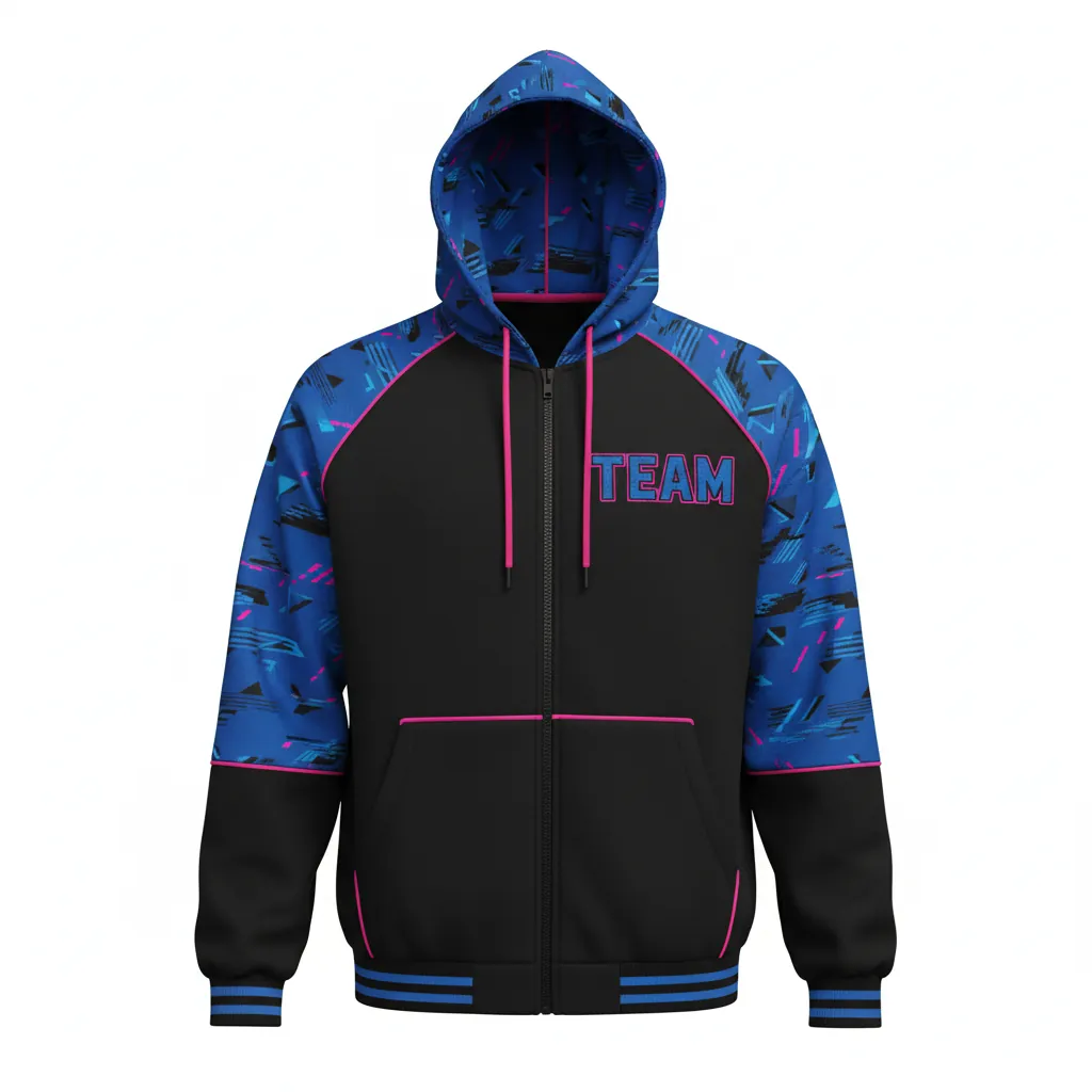 Custom Esports Full Zip Hoodie - Blue, Pink - All Blacks Electric Hot - Front View - Kinexa Sportswear