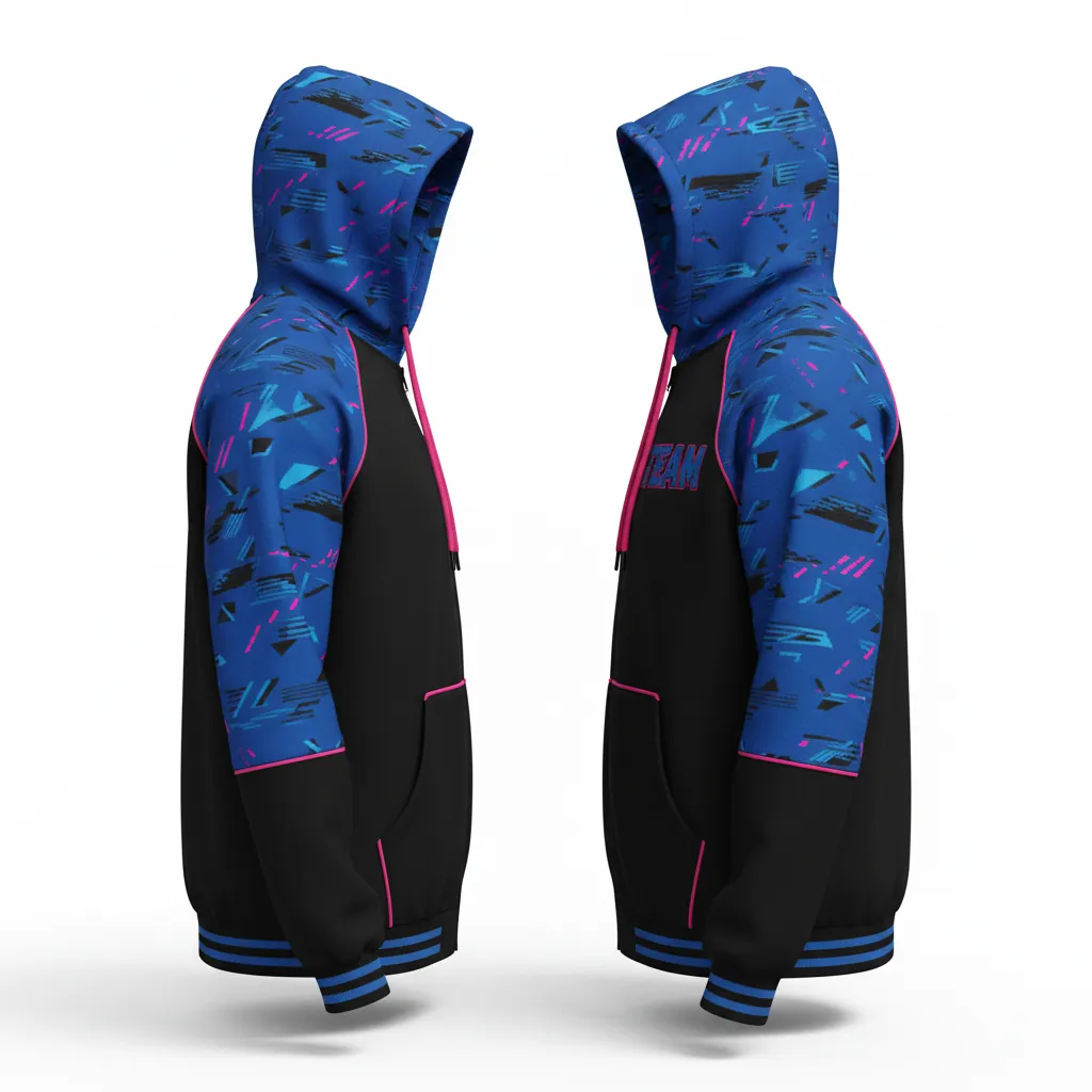 Custom Esports Full Zip Hoodie - Blue, Pink - All Blacks Electric Hot - Side View - Kinexa Sportswear