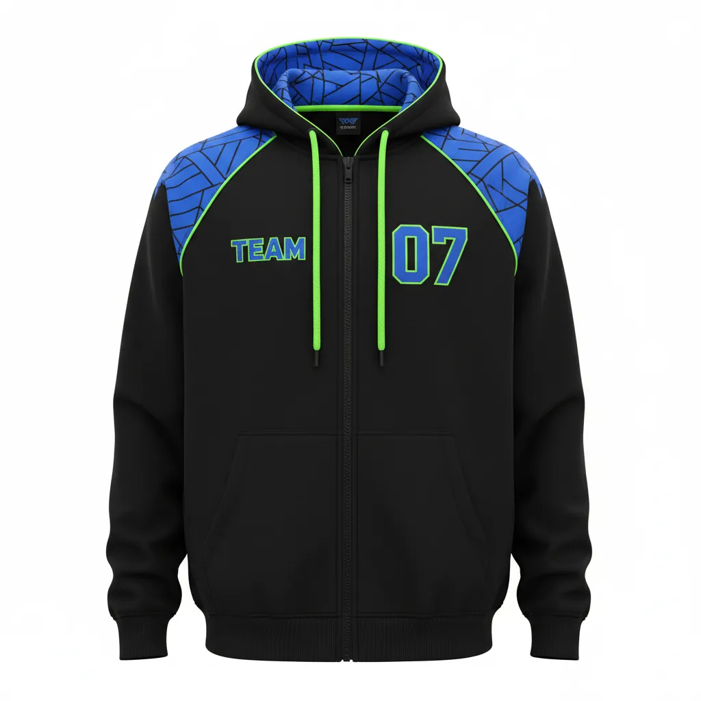 Custom Esports Full Zip Hoodie - Blue, Green - All Blacks Electric Neon - Front View - Kinexa Sportswear