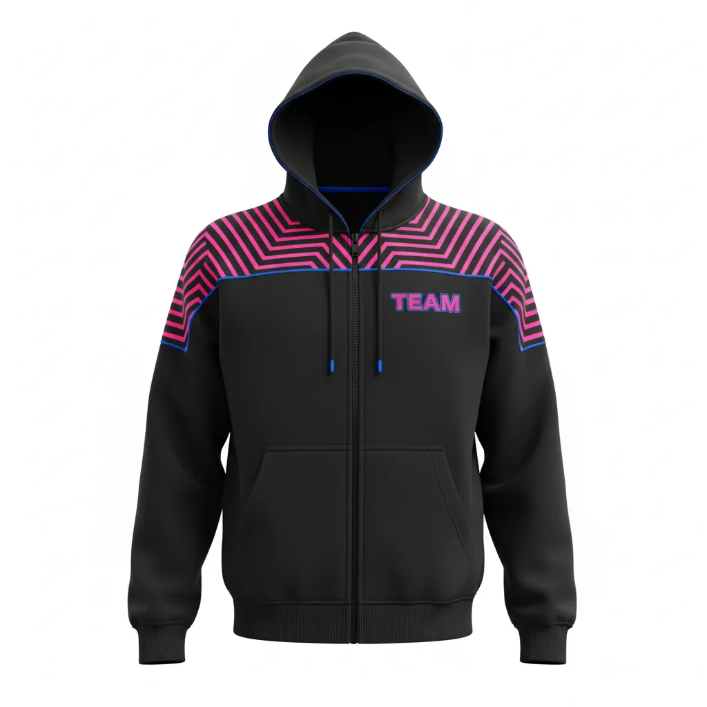 Custom Esports Full Zip Hoodie - Pink, Blue - All Blacks Hot Electric - Front View - Kinexa Sportswear