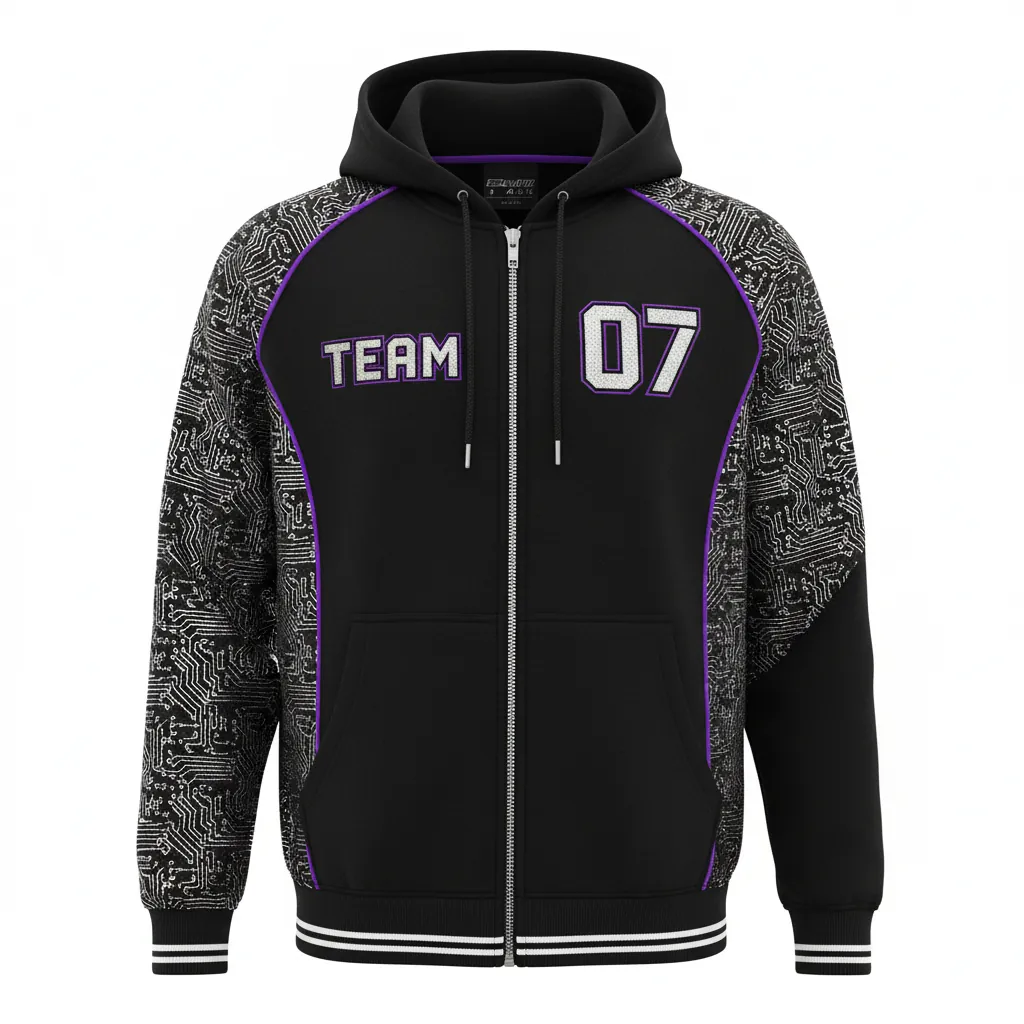 Custom Esports Full Zip Hoodie - Silver, Purple - All Blacks Cyber - Front View - Kinexa Sportswear
