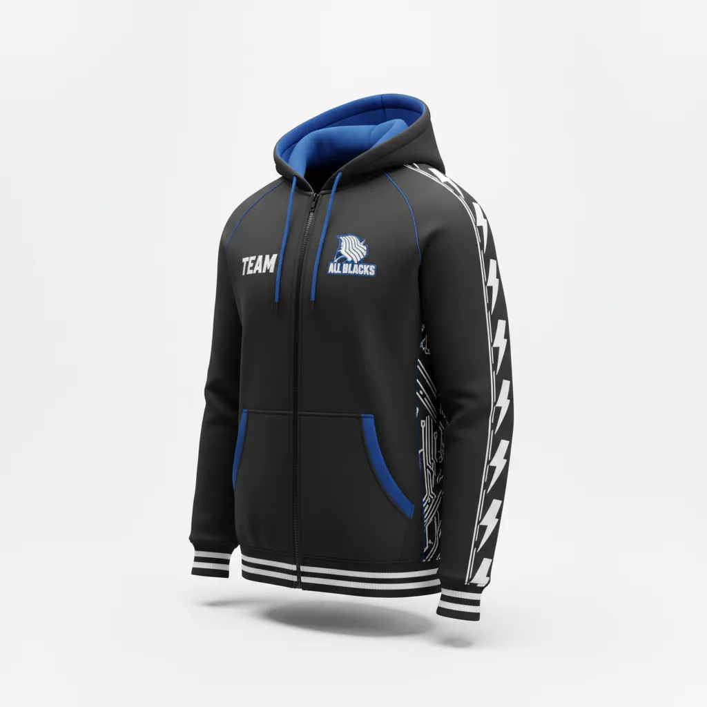 Custom Esports Full Zip Hoodie - White, Blue - All Blacks Electric - Front View - Kinexa Sportswear