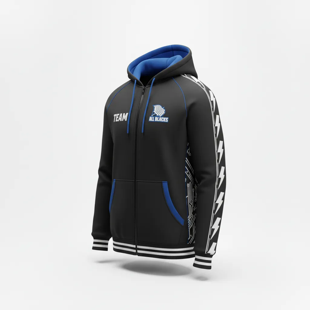 Custom Esports Full Zip Hoodie - White, Blue - All Blacks Electric - Side View - Kinexa Sportswear