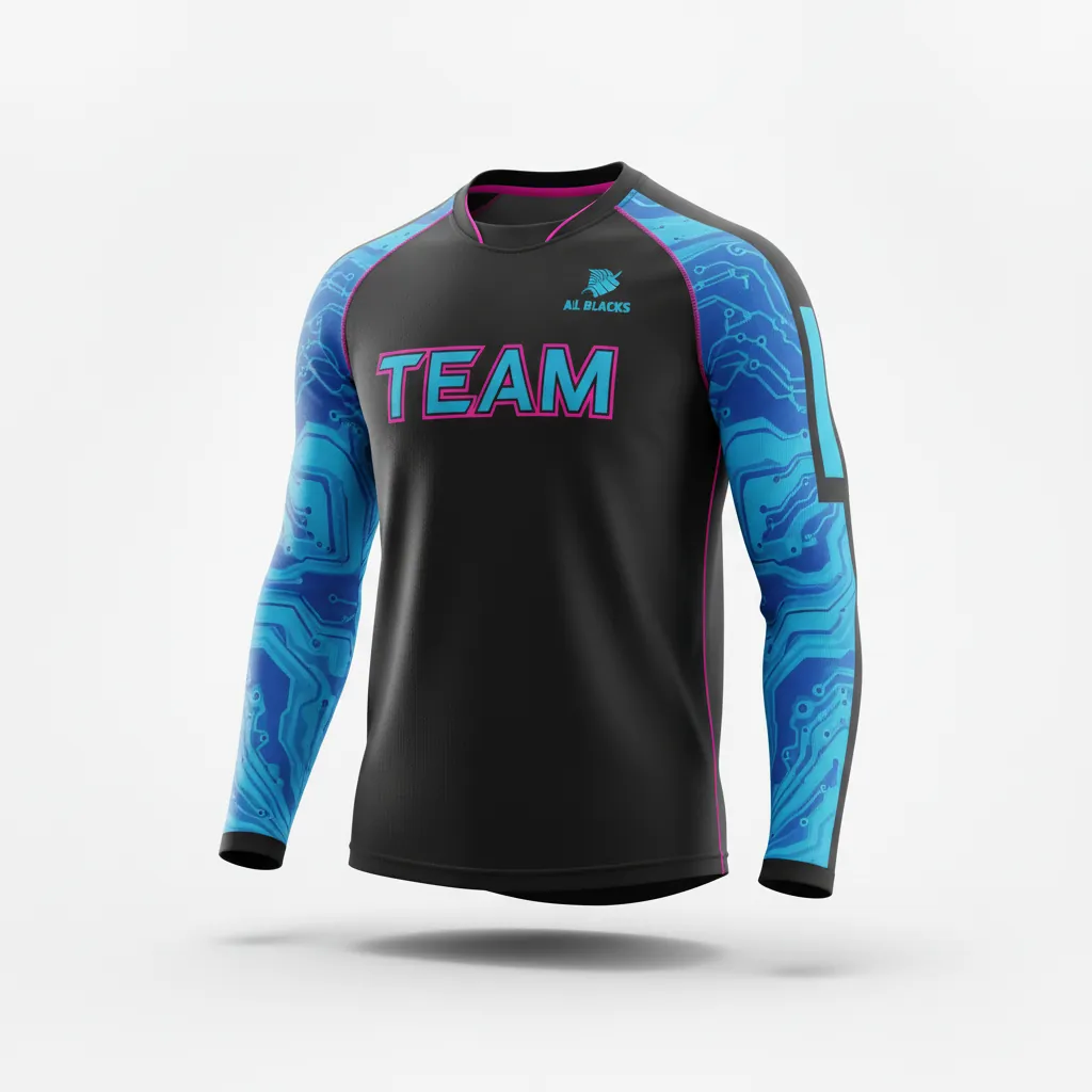 Custom Esports Long Sleeve T Shirts - Blue, Pink - Ls All Blacks Electric Hot - Front View - Kinexa Sportswear