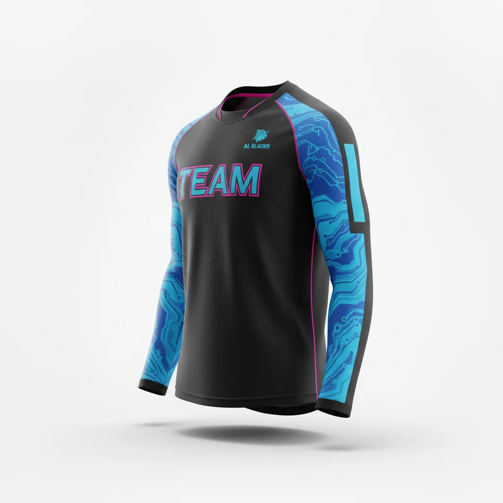 Custom Esports Long Sleeve T Shirts - Blue, Pink - Ls All Blacks Electric Hot - Side View - Kinexa Sportswear