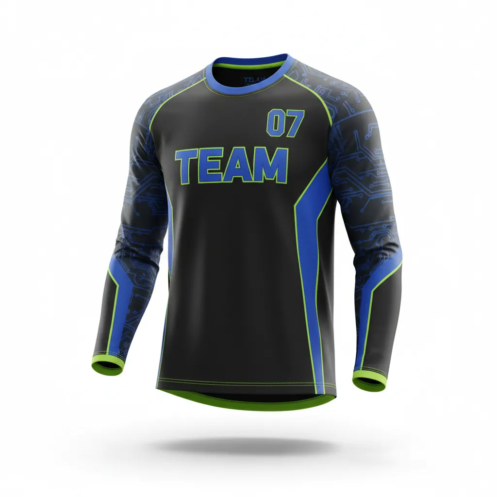 Custom Esports Long Sleeve T Shirts - Blue, Green - Ls All Blacks Electric Neon - Front View - Kinexa Sportswear