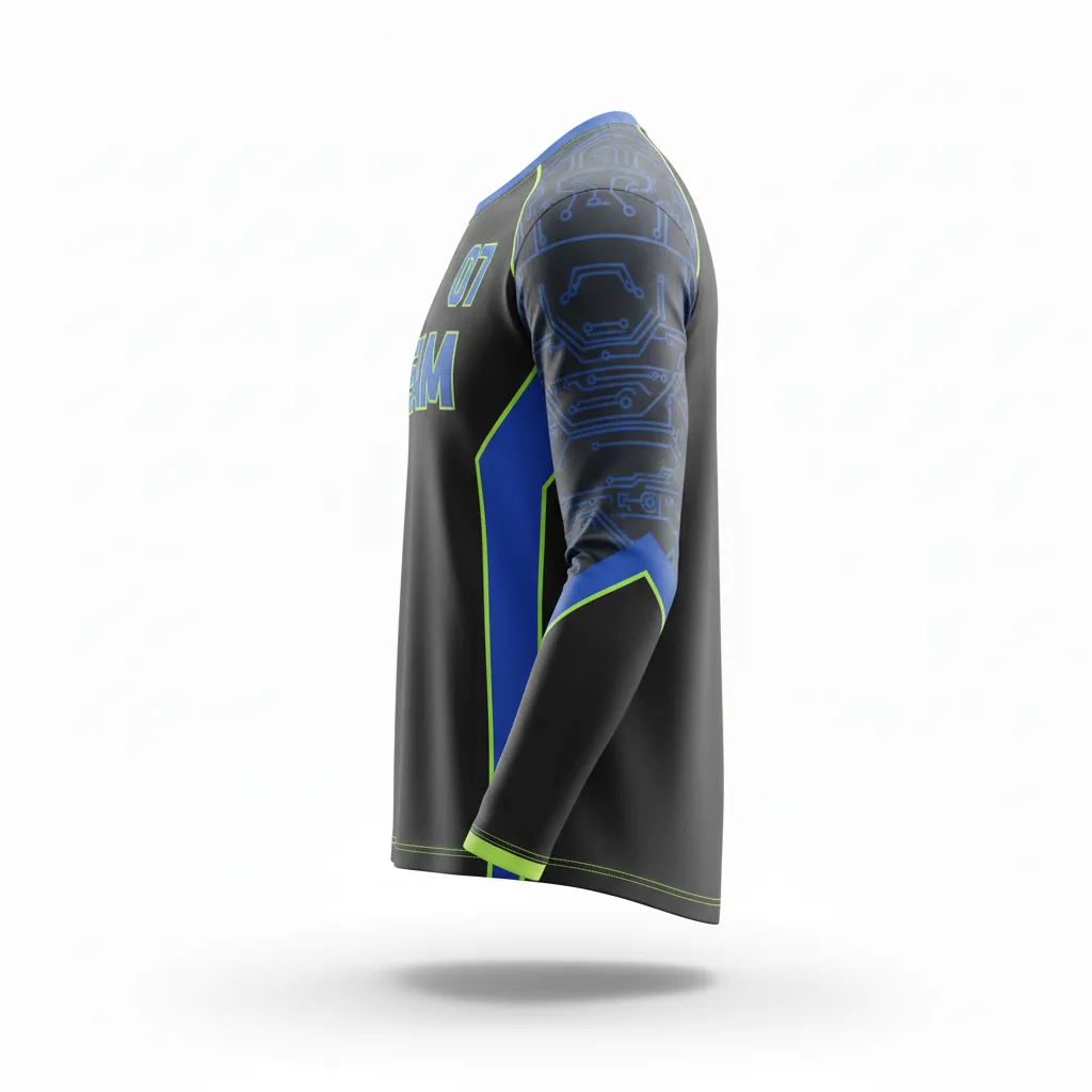 Custom Esports Long Sleeve T Shirts - Blue, Green - Ls All Blacks Electric Neon - Side View - Kinexa Sportswear