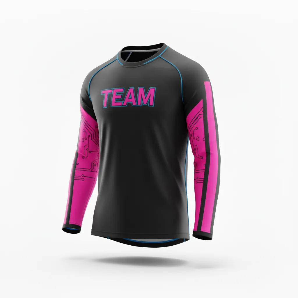 Custom Esports Long Sleeve T Shirts - Pink, Blue - Ls All Blacks Hot Electric - Front View - Kinexa Sportswear