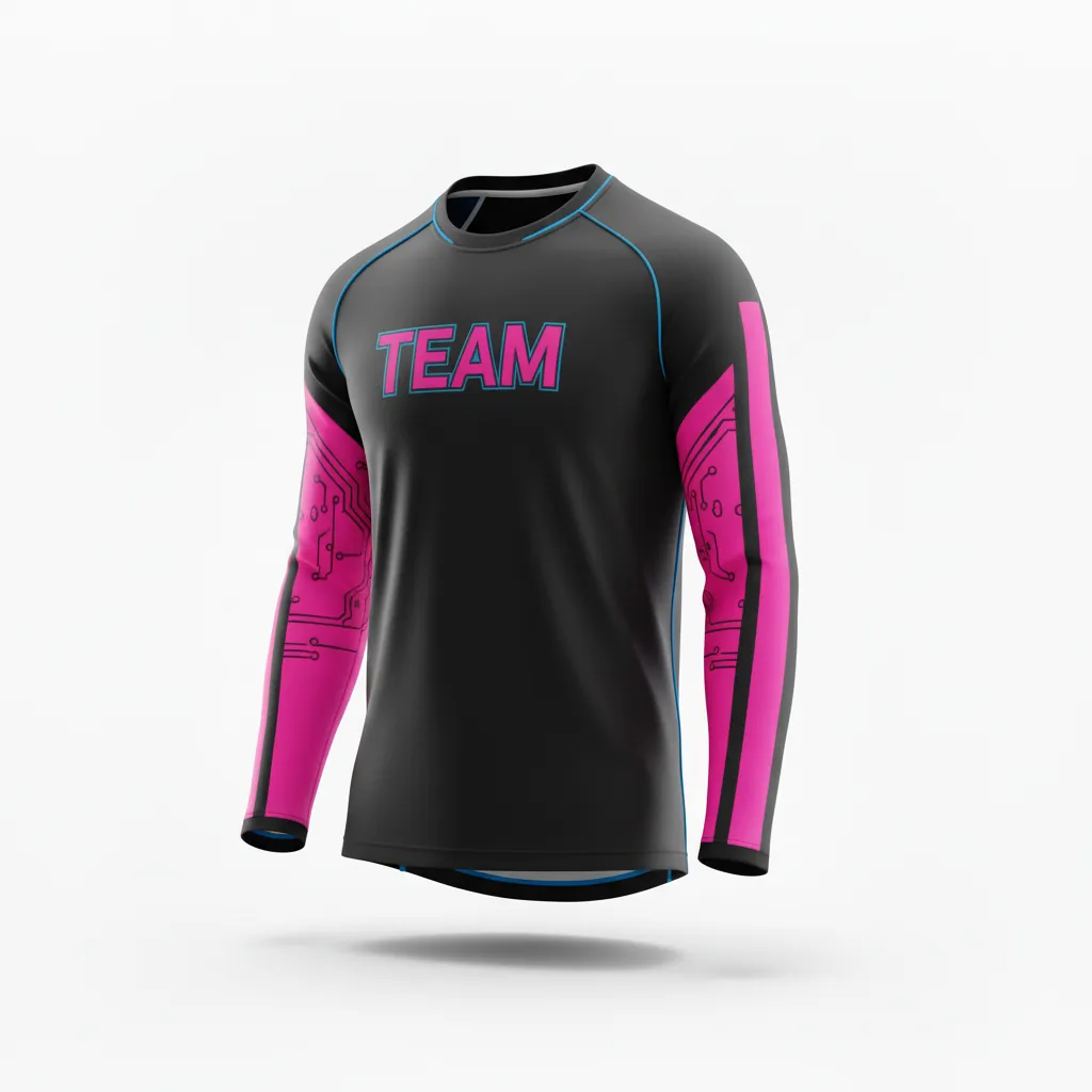 Custom Esports Long Sleeve T Shirts - Pink, Blue - Ls All Blacks Hot Electric - Side View - Kinexa Sportswear