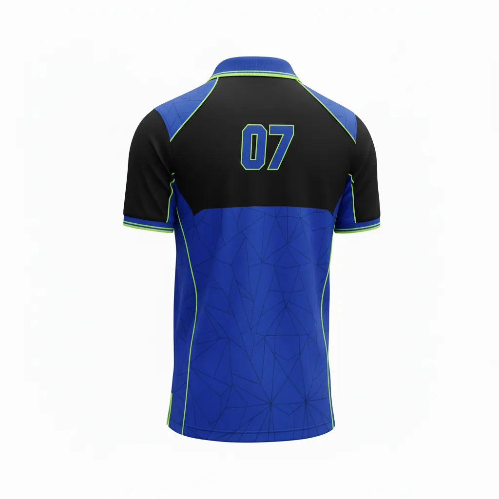 Custom Esports Polo Shirt - Blue, Green - All Blacks Electric Neon - Back View - Kinexa Sportswear