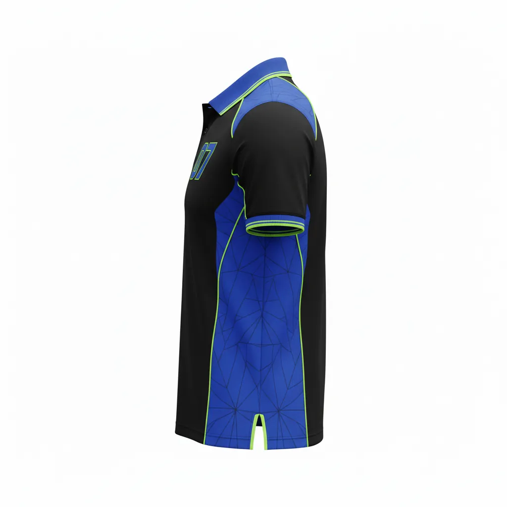 Custom Esports Polo Shirt - Blue, Green - All Blacks Electric Neon - Side View - Kinexa Sportswear