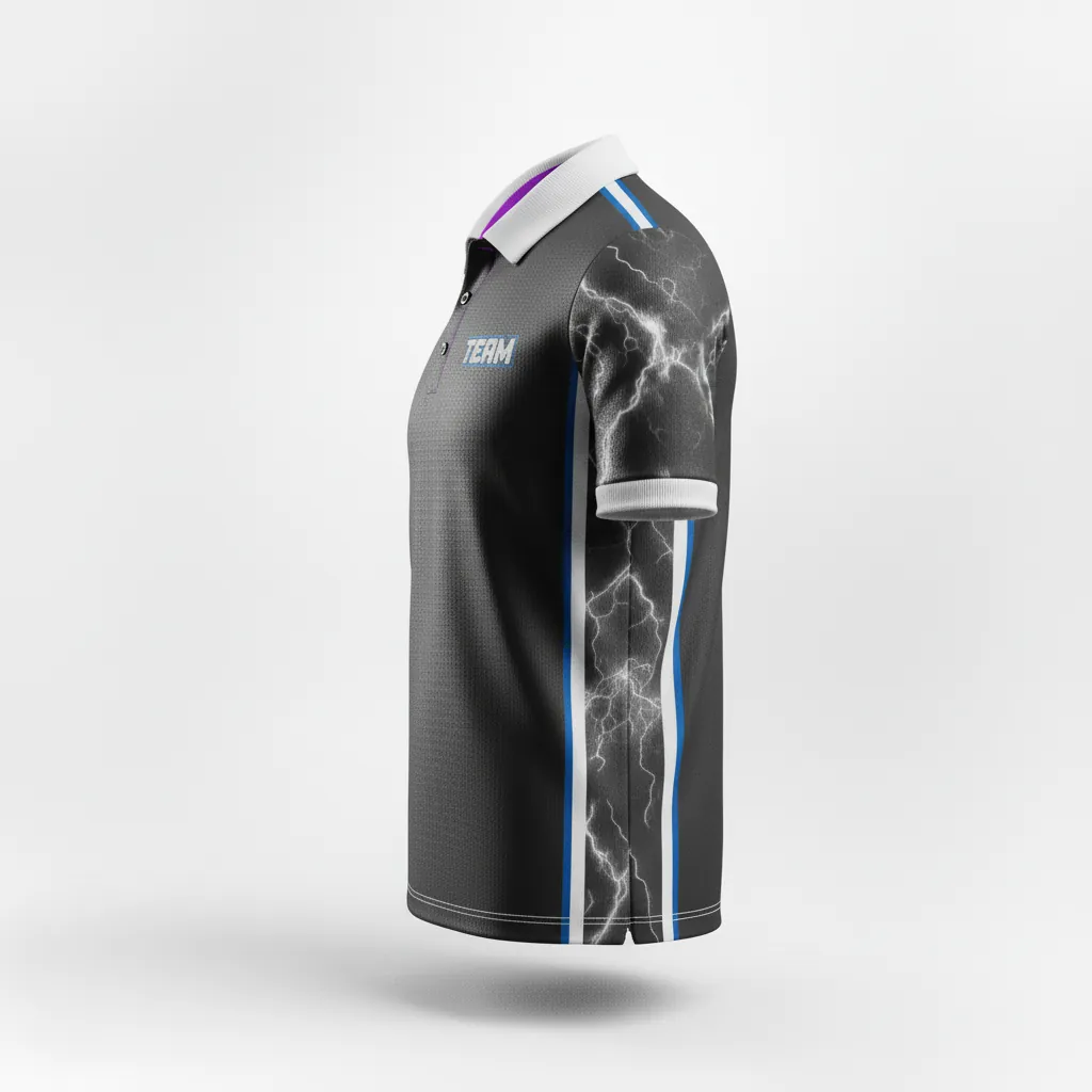 Custom Esports Polo Shirt - Silver, Purple - All Blacks Cyber - Side View - Kinexa Sportswear