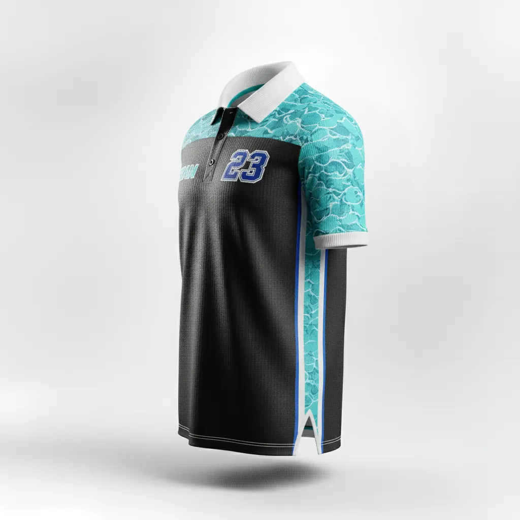 Custom Esports Polo Shirt - Teal, White - All Blacks - Side View - Kinexa Sportswear