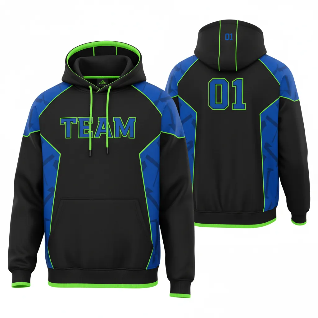 Custom Esports Pullover Hoodie - Blue, Green - All Blacks Electric Neon - Front View - Kinexa Sportswear