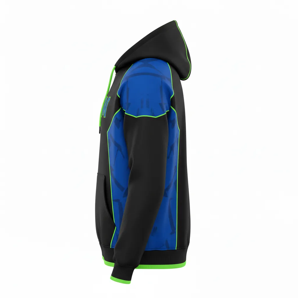 Custom Esports Pullover Hoodie - Blue, Green - All Blacks Electric Neon - Side View - Kinexa Sportswear