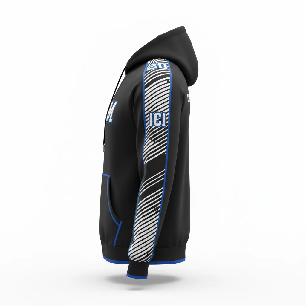 Custom Esports Pullover Hoodie - White, Blue - All Blacks Electric - Side View - Kinexa Sportswear