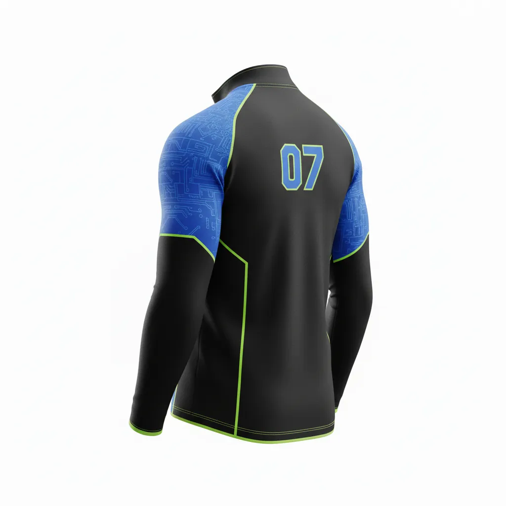 Custom Esports Quarter Zipper Esports Jersey - Blue, Green - All Blacks Electric Neon - Back View - Kinexa Sportswear