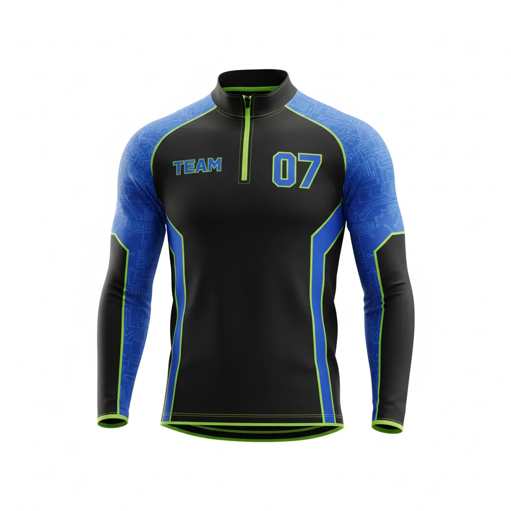 Custom Esports Quarter Zipper Esports Jersey - Blue, Green - All Blacks Electric Neon - Front View - Kinexa Sportswear