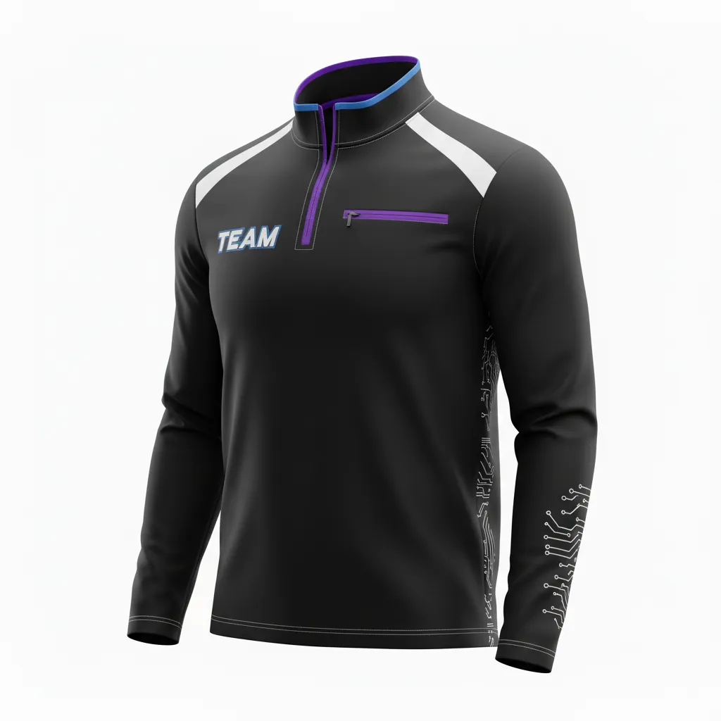 Custom Esports Quarter Zipper Esports Jersey - Silver, Purple - All Blacks Cyber - Front View - Kinexa Sportswear