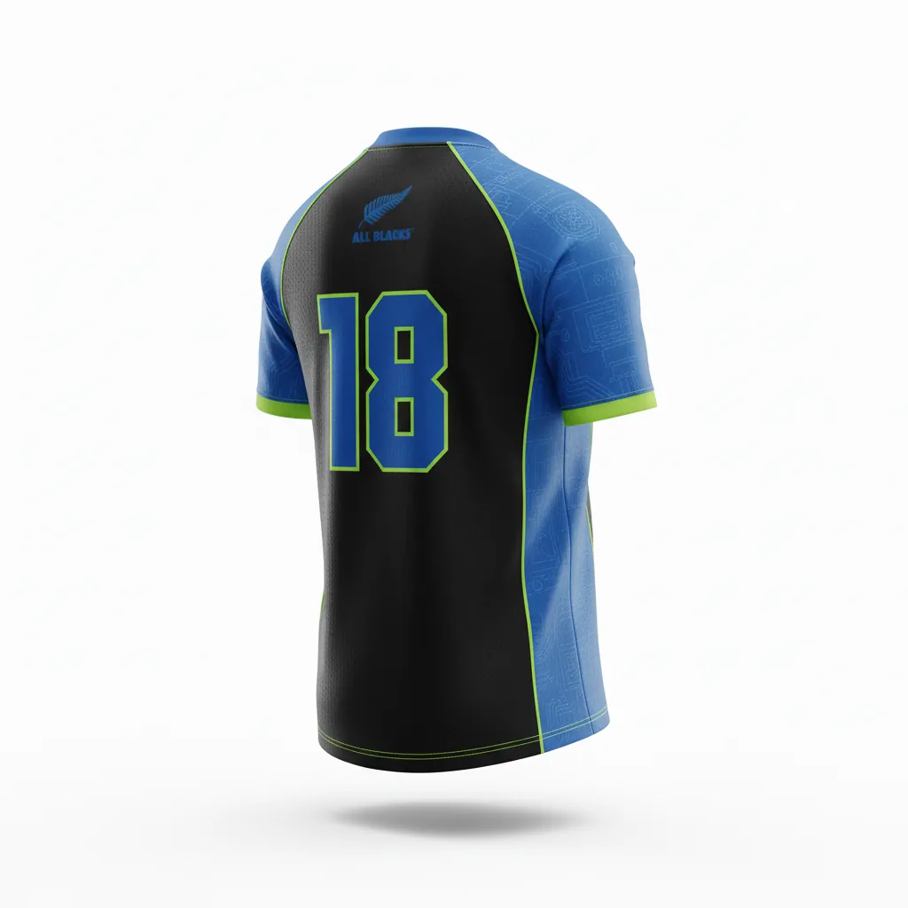 Custom Esports Short Sleeve Esports Jersey - Blue, Green - Ss All Blacks Electric Neon - Back View - Kinexa Sportswear